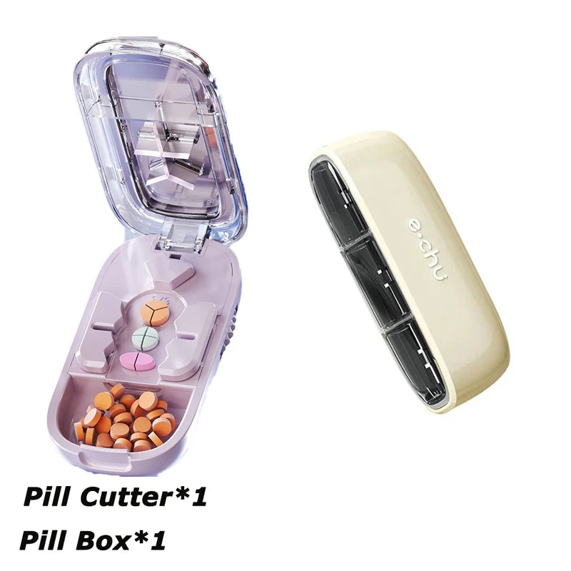 Portable Pill Cutter Storage Container, Drug Tablet Medicine Organizer