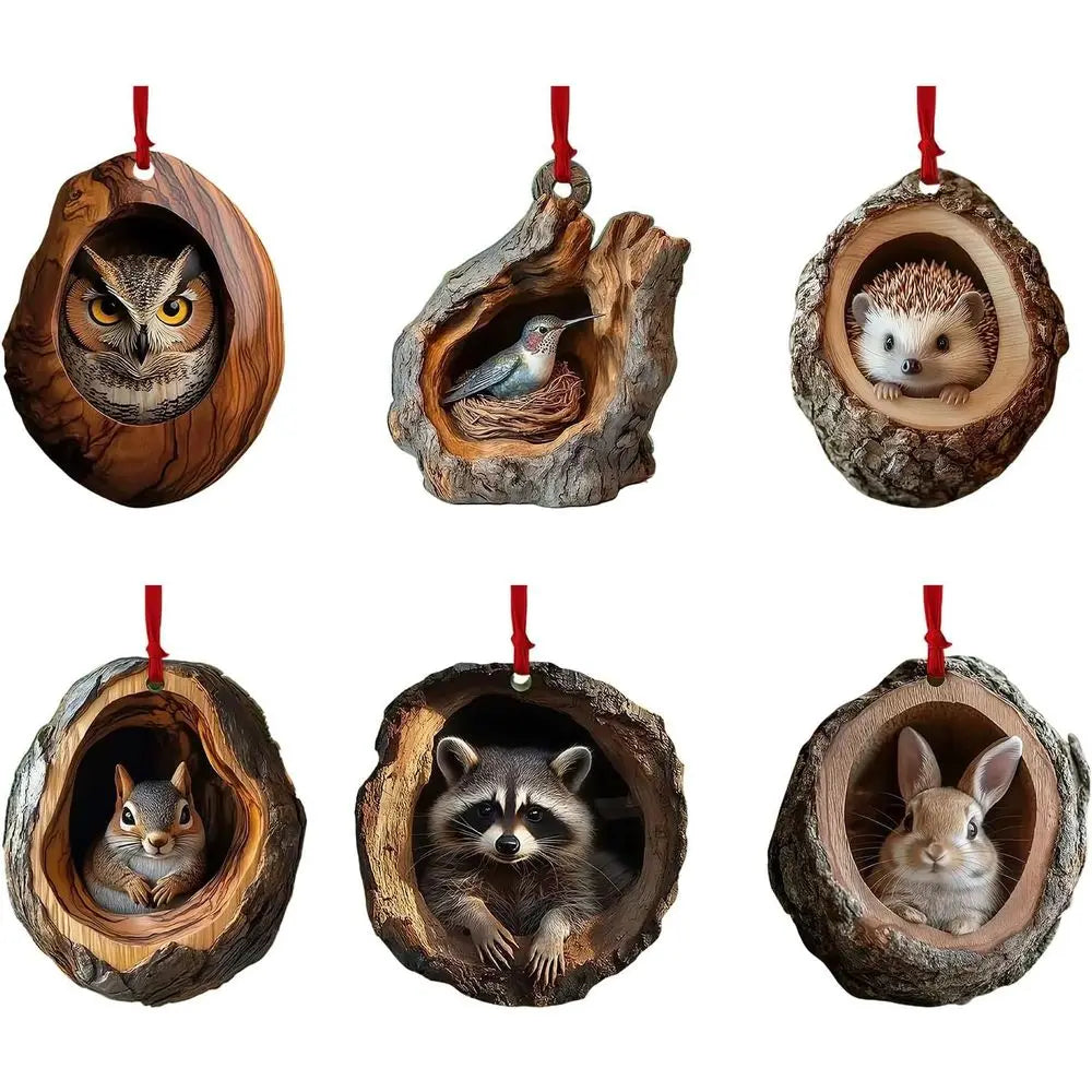 Forest Animal Wood Grain Christmas Hanging Ornament Set 6 Pcs.