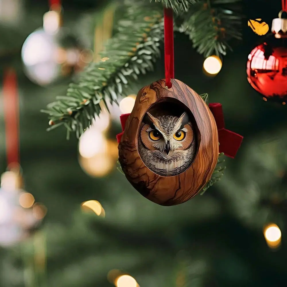 Forest Animal Wood Grain Christmas Hanging Ornament Set 6 Pcs.