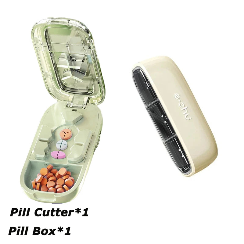 Portable Pill Cutter Storage Container, Drug Tablet Medicine Organizer