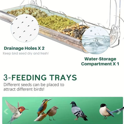 Indestructible Large Window Bird Feeder with Seed & Water Tray
