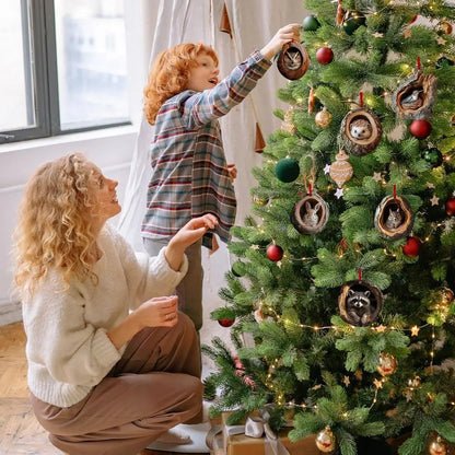 Forest Animal Wood Grain Christmas Hanging Ornament Set 6 Pcs.