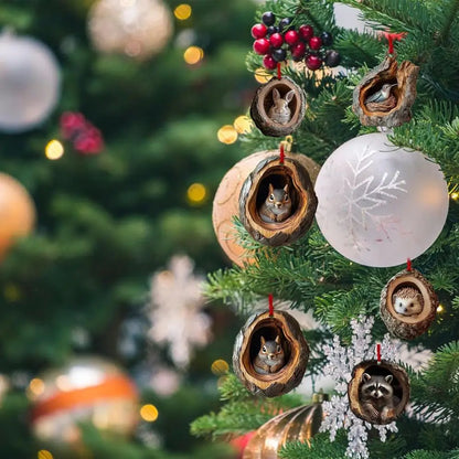 Forest Animal Wood Grain Christmas Hanging Ornament Set 6 Pcs.