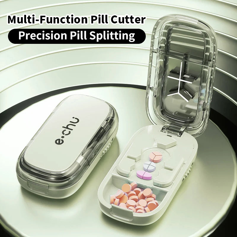 Portable Pill Cutter Storage Container, Drug Tablet Medicine Organizer