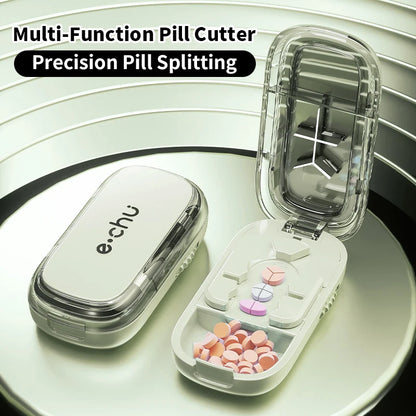 Portable Pill Cutter Storage Container, Drug Tablet Medicine Organizer