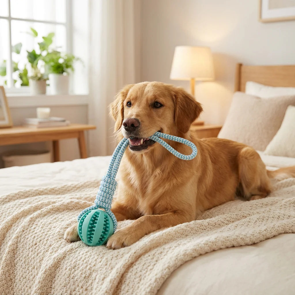 Cotton Rope & Rubber Chew Ball, Treat Dispenser Toy.