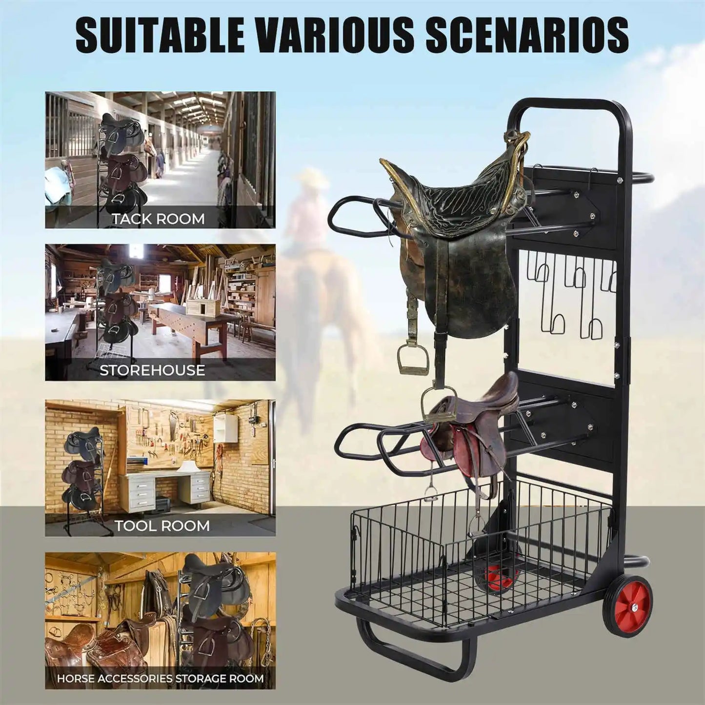 Portable Saddle Rack with Wheels & Storage