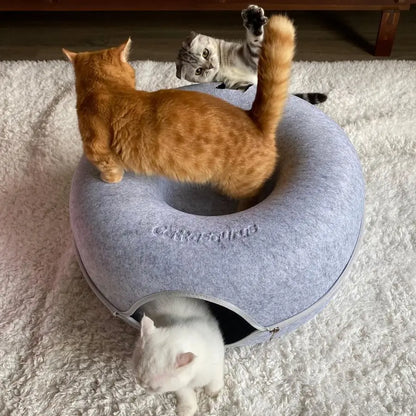 Indoor Cat Donut Cave – Bed, Tunnel & Scratcher Combo