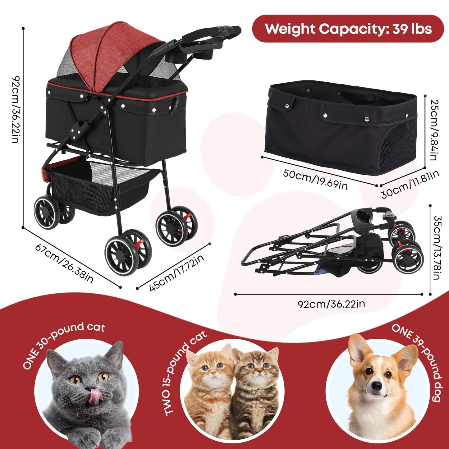 Pet Stroller with Canopy & Storage