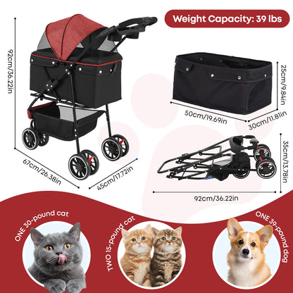 Pet Stroller with Canopy & Storage
