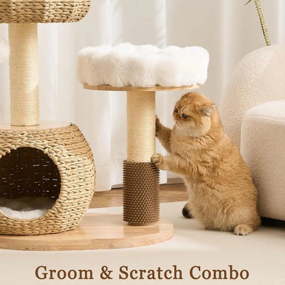 The Cat Castle Deluxe – Rattan Cave & Groom‑Me Station