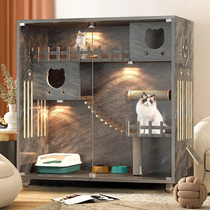 Large Wooden Cat Condo with Scratching Post & Glass Doors